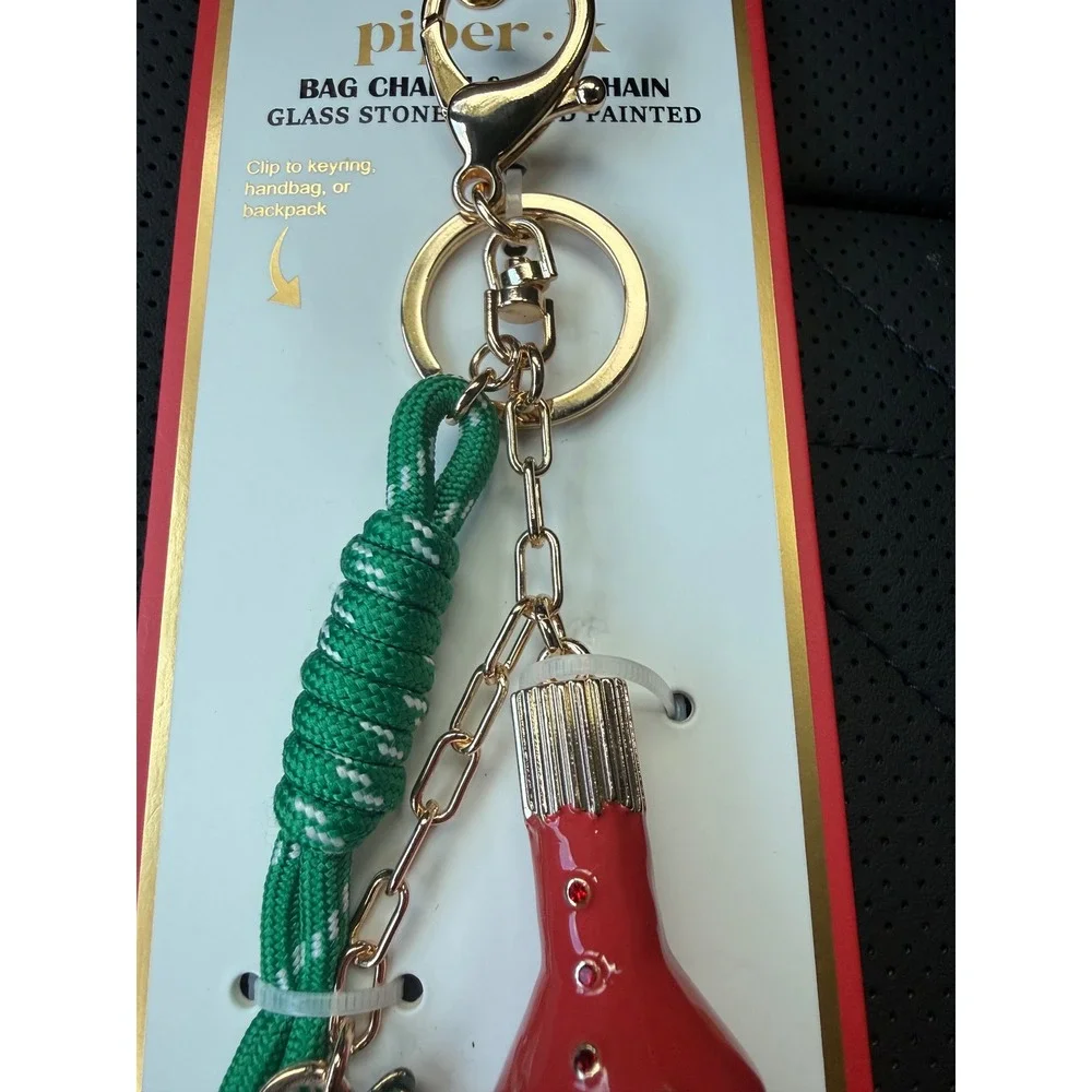 Piper K Hot Sauce Chili Pepper‎ Bag Charm Keychain Glass Stone Red Green NEW